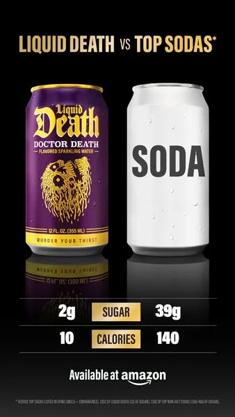 A library ad comparing Liquid Death with top sodas