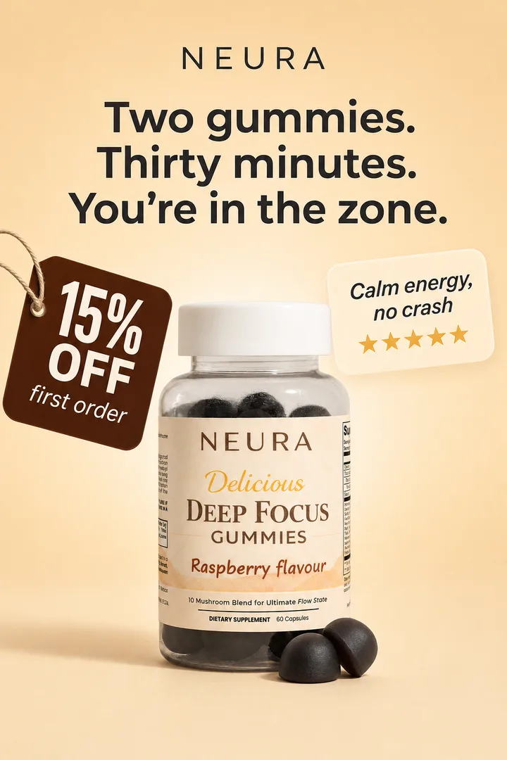 The remake for NEURA: two gummies, thirty minutes, 15% off your first order